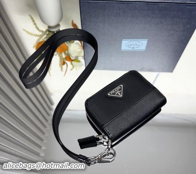 Buy Discount Prada Mens Re-Nylon and Saffiano leather coin purse wallet 2MR039 Black 2024