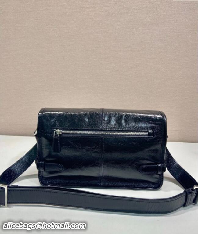 Original Cheap Prada Mens Oil Leather shoulder bag 2VD073 Black 2024