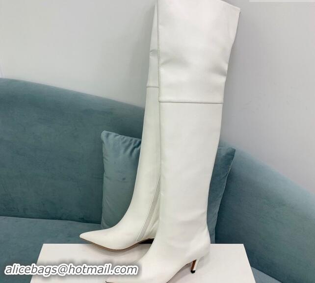 Buy Luxury Amina Muaddi Calfskin Pointed High Boots 6.5cm White 903019