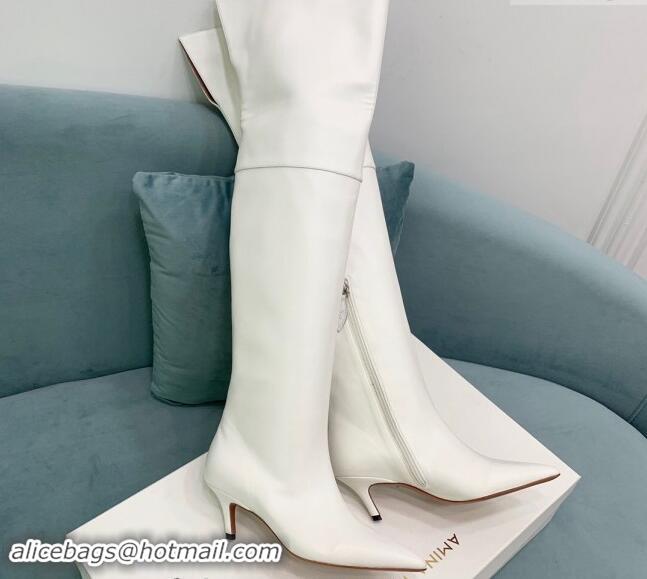 Buy Luxury Amina Muaddi Calfskin Pointed High Boots 6.5cm White 903019