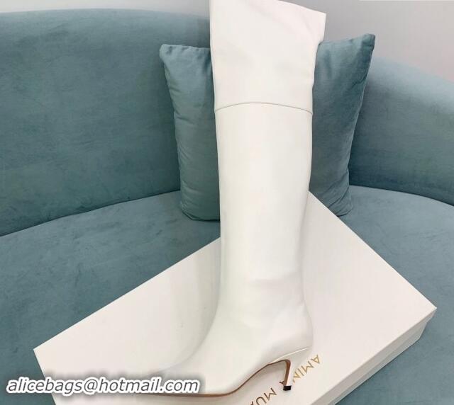 Buy Luxury Amina Muaddi Calfskin Pointed High Boots 6.5cm White 903019