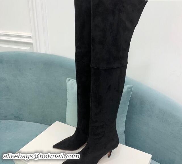 Good Quality Amina Muaddi Suede Pointed High Boots 6.5cm Black 903020