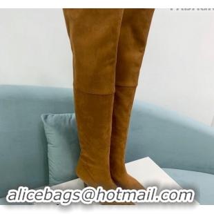 Charming Amina Muaddi Suede Pointed High Boots 6.5cm Brown 0903021