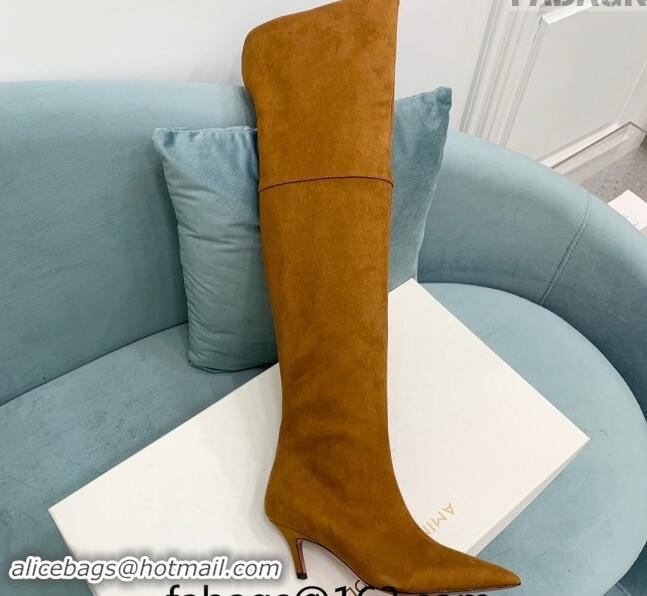 Charming Amina Muaddi Suede Pointed High Boots 6.5cm Brown 0903021