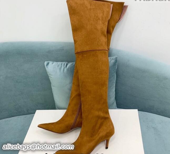 Charming Amina Muaddi Suede Pointed High Boots 6.5cm Brown 0903021