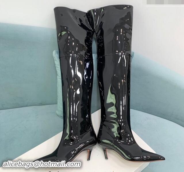 Shop Duplicate Amina Muaddi Patent Leather Pointed High Boots 6.5cm Black 0903022