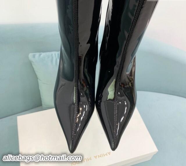 Shop Duplicate Amina Muaddi Patent Leather Pointed High Boots 6.5cm Black 0903022