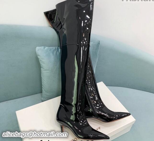 Shop Duplicate Amina Muaddi Patent Leather Pointed High Boots 6.5cm Black 0903022