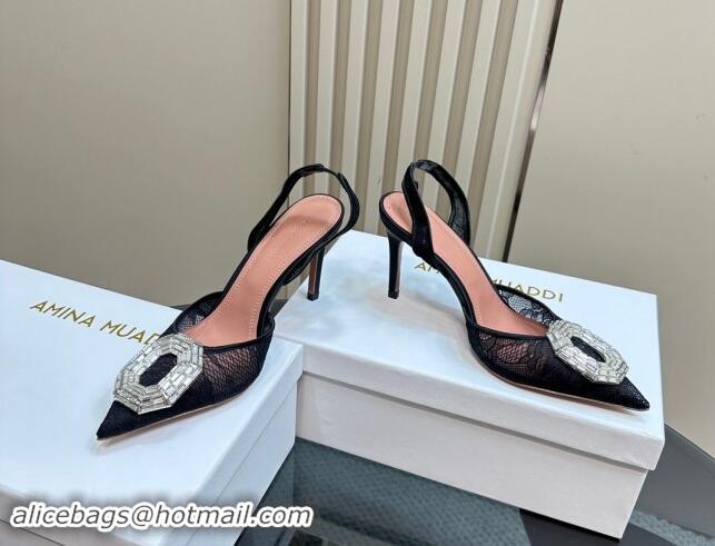 Popular Style Amina Muaddi Camelia Slingback Pumps 9.8cm in Lace with Rectangular Strass Black 1223067