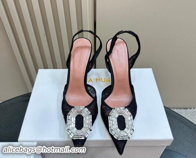 Popular Style Amina Muaddi Camelia Slingback Pumps 9.8cm in Lace with Rectangular Strass Black 1223067