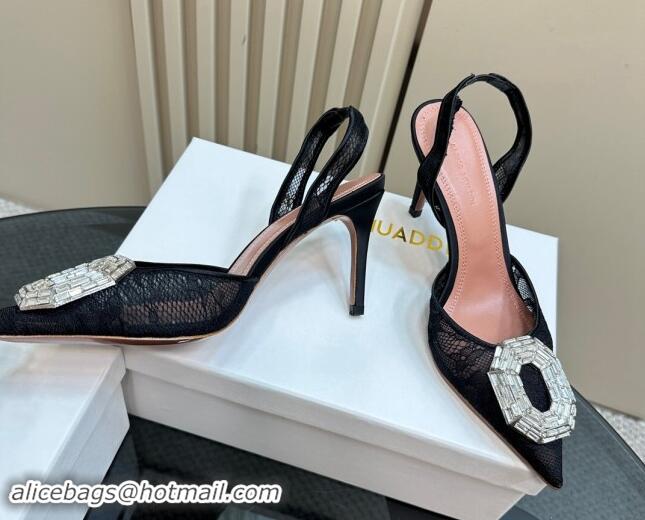 Popular Style Amina Muaddi Camelia Slingback Pumps 9.8cm in Lace with Rectangular Strass Black 1223067