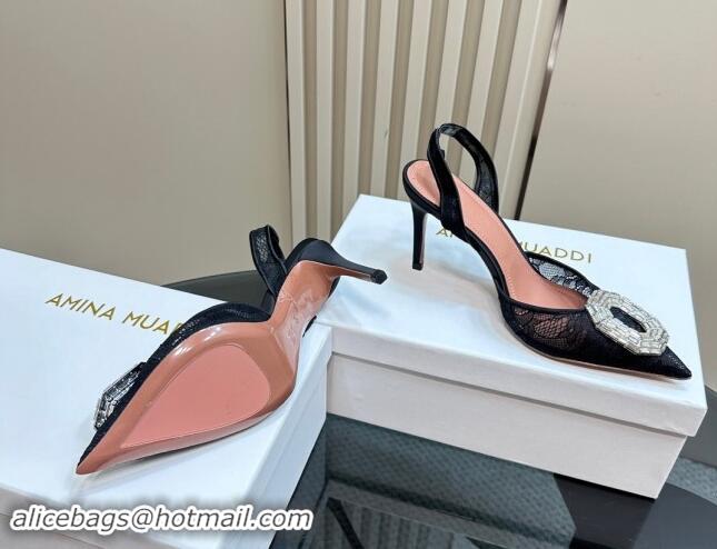 Popular Style Amina Muaddi Camelia Slingback Pumps 9.8cm in Lace with Rectangular Strass Black 1223067