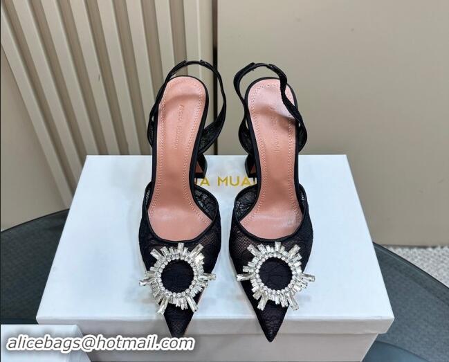 Luxury Amina Muaddi Begum Embellished Slingback Pumps 9.8 cm in Lace Black 223068