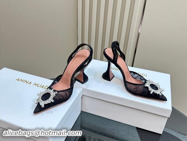 Luxury Amina Muaddi Begum Embellished Slingback Pumps 9.8 cm in Lace Black 223068