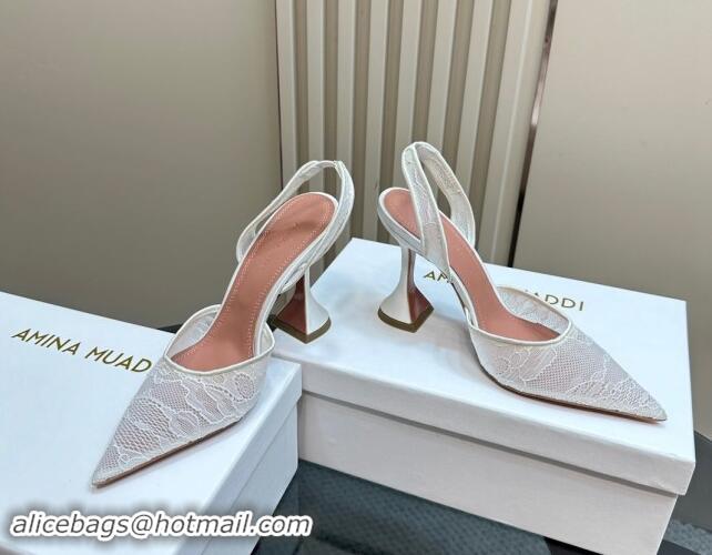 Stylish Amina Muaddi Holli Slingback Pumps 9.8cm in Lace White 1223069