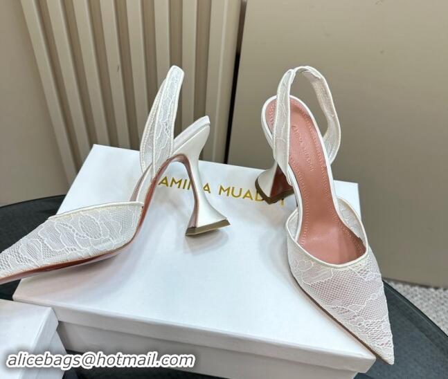 Stylish Amina Muaddi Holli Slingback Pumps 9.8cm in Lace White 1223069