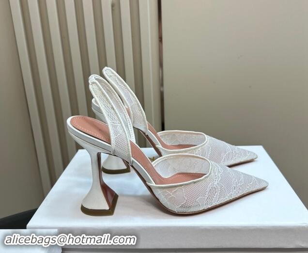 Stylish Amina Muaddi Holli Slingback Pumps 9.8cm in Lace White 1223069