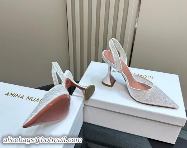 Stylish Amina Muaddi Holli Slingback Pumps 9.8cm in Lace White 1223069