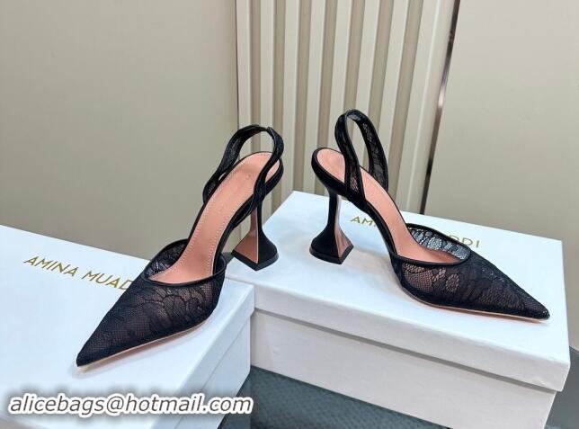 Discount Amina Muaddi Holli Slingback Pumps 9.8cm in Lace Black 1223070