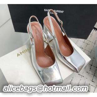 Luxury Amina Muaddi Charlotte Slingback Pumps 9.5cm in Patent Leather Silver 1223082