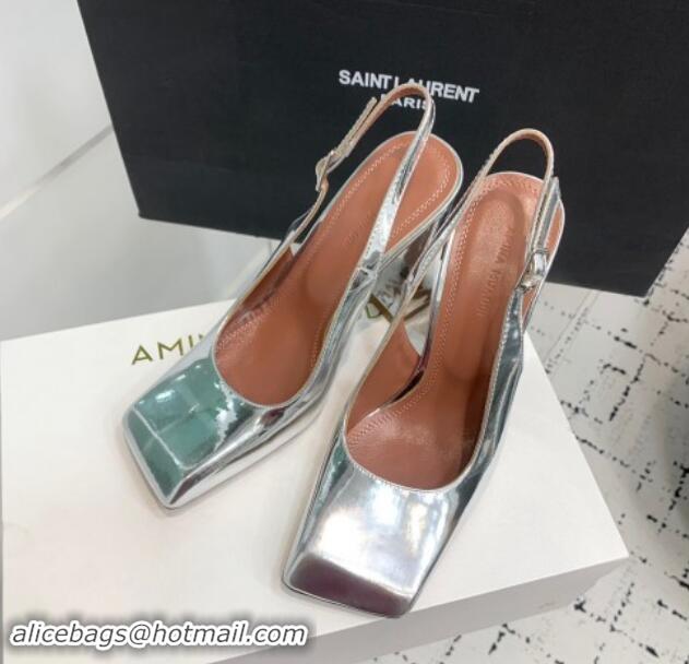 Luxury Amina Muaddi Charlotte Slingback Pumps 9.5cm in Patent Leather Silver 1223082