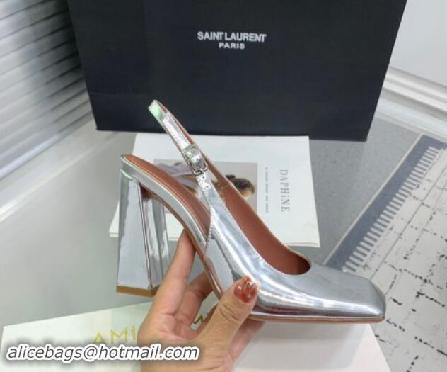 Luxury Amina Muaddi Charlotte Slingback Pumps 9.5cm in Patent Leather Silver 1223082