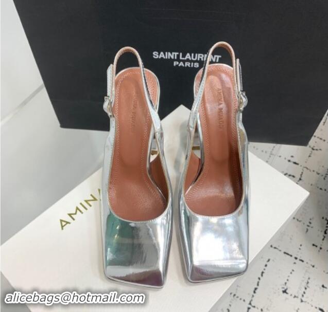 Luxury Amina Muaddi Charlotte Slingback Pumps 9.5cm in Patent Leather Silver 1223082