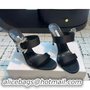 Top Grade Manolo Blahnik Satin Slides Sandal 9cm with Strass Buckle Black 1225001