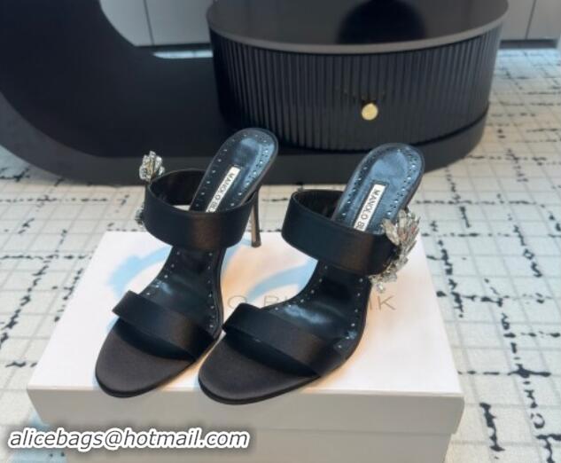 Top Grade Manolo Blahnik Satin Slides Sandal 9cm with Strass Buckle Black 1225001