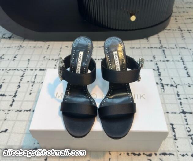 Top Grade Manolo Blahnik Satin Slides Sandal 9cm with Strass Buckle Black 1225001