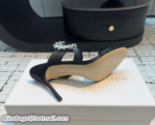 Top Grade Manolo Blahnik Satin Slides Sandal 9cm with Strass Buckle Black 1225001