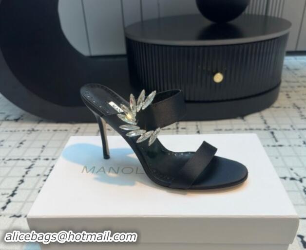 Top Grade Manolo Blahnik Satin Slides Sandal 9cm with Strass Buckle Black 1225001