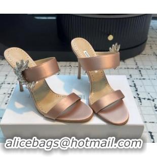 Best Grade Manolo Blahnik Satin Slides Sandal 9cm with Strass Buckle Nude 1225002