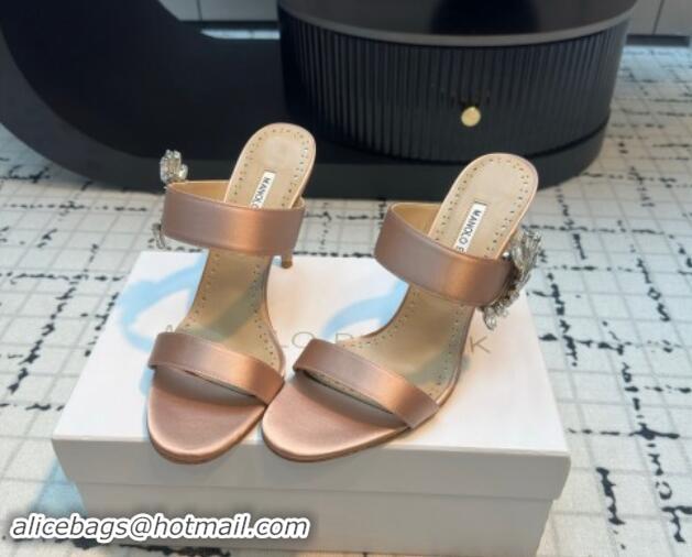 Best Grade Manolo Blahnik Satin Slides Sandal 9cm with Strass Buckle Nude 1225002