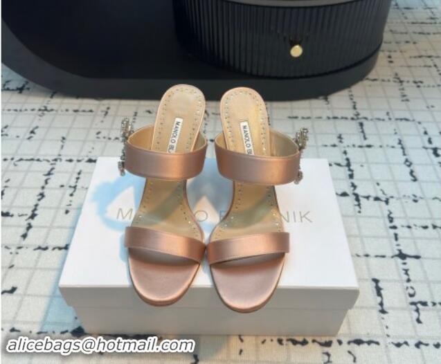 Best Grade Manolo Blahnik Satin Slides Sandal 9cm with Strass Buckle Nude 1225002