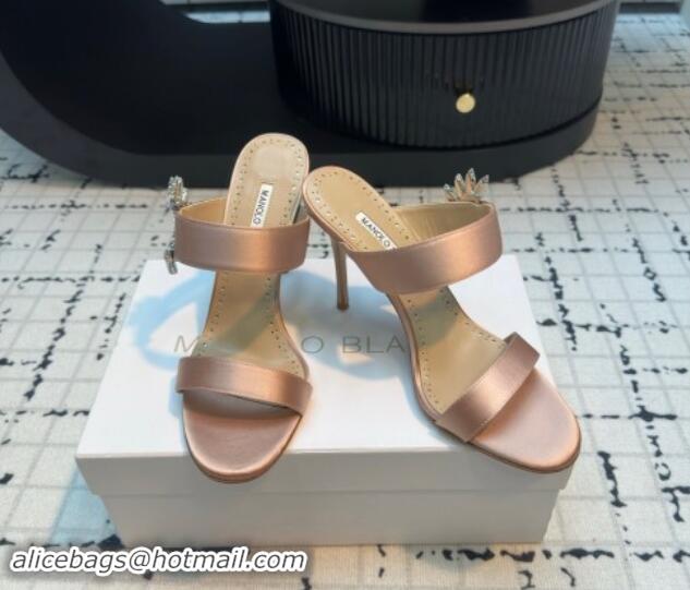 Best Grade Manolo Blahnik Satin Slides Sandal 9cm with Strass Buckle Nude 1225002