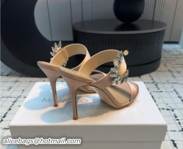 Best Grade Manolo Blahnik Satin Slides Sandal 9cm with Strass Buckle Nude 1225002