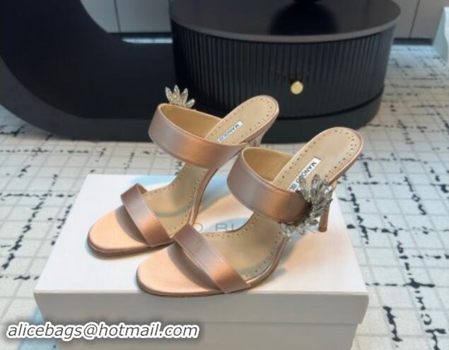 Best Grade Manolo Blahnik Satin Slides Sandal 9cm with Strass Buckle Nude 1225002