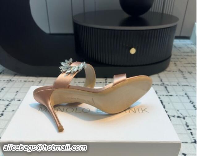 Best Grade Manolo Blahnik Satin Slides Sandal 9cm with Strass Buckle Nude 1225002