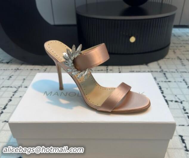 Best Grade Manolo Blahnik Satin Slides Sandal 9cm with Strass Buckle Nude 1225002