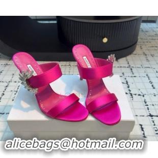 Fashion Manolo Blahnik Satin Slides Sandal 9cm with Strass Buckle Dark Pink 1225003