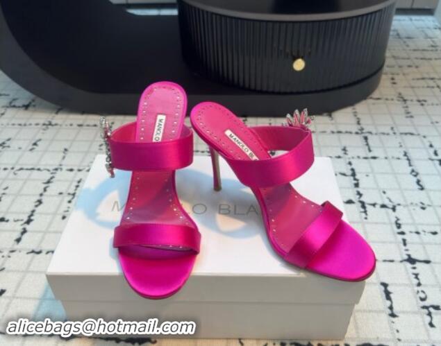 Fashion Manolo Blahnik Satin Slides Sandal 9cm with Strass Buckle Dark Pink 1225003