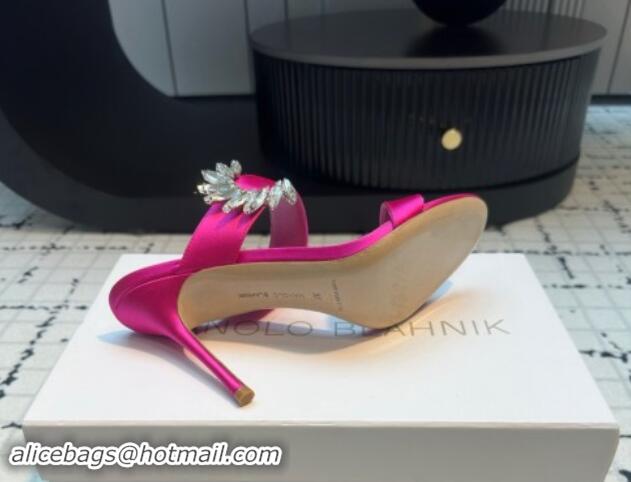 Fashion Manolo Blahnik Satin Slides Sandal 9cm with Strass Buckle Dark Pink 1225003