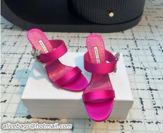 Fashion Manolo Blahnik Satin Slides Sandal 9cm with Strass Buckle Dark Pink 1225003