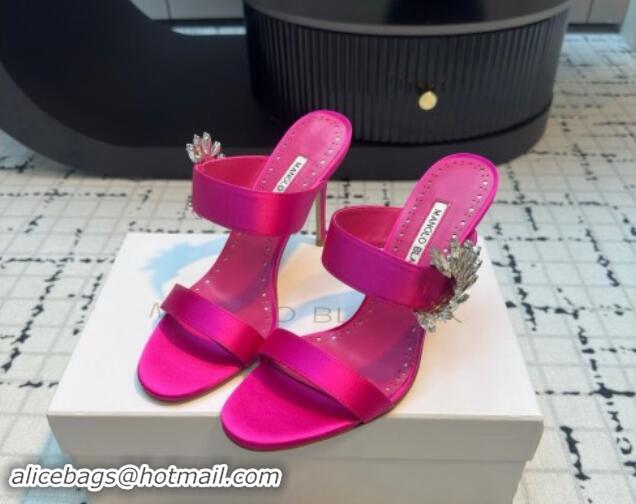 Fashion Manolo Blahnik Satin Slides Sandal 9cm with Strass Buckle Dark Pink 1225003