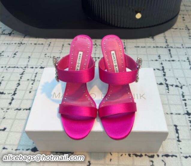 Fashion Manolo Blahnik Satin Slides Sandal 9cm with Strass Buckle Dark Pink 1225003