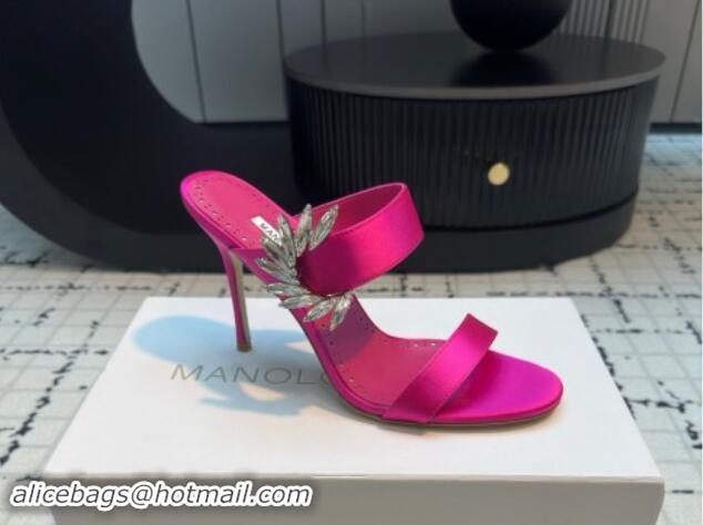 Fashion Manolo Blahnik Satin Slides Sandal 9cm with Strass Buckle Dark Pink 1225003