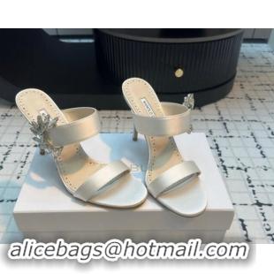 Stylish Manolo Blahnik Satin Slides Sandal 9cm with Strass Buckle White 1225004