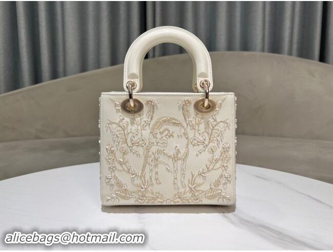 Well Crafted Dior Small Lady Dior Bag in Latte Lambskin with Millefiori Unicorn Embroidery M0538 White 2024