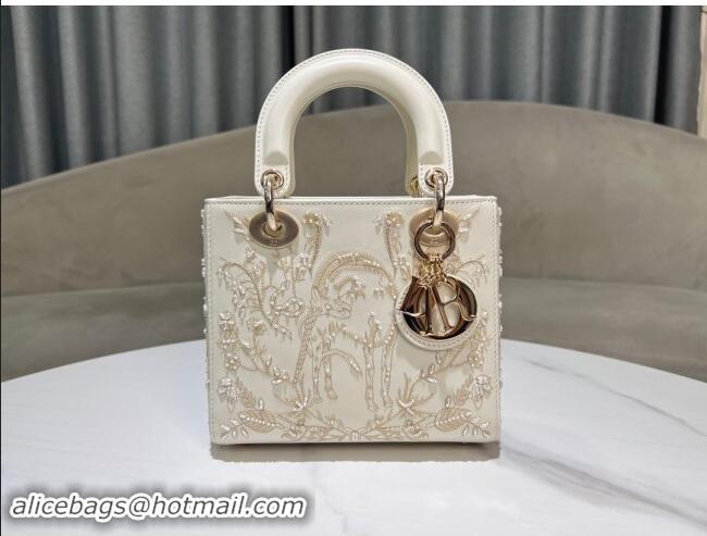 Well Crafted Dior Small Lady Dior Bag in Latte Lambskin with Millefiori Unicorn Embroidery M0538 White 2024